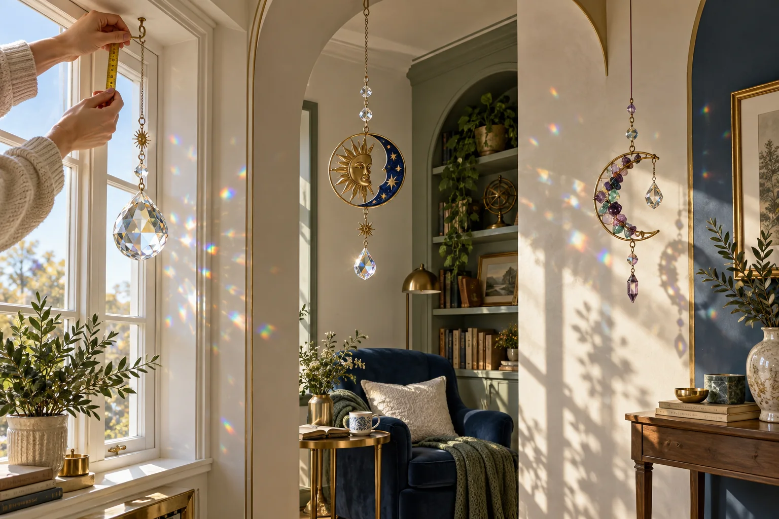 Suncatcher placement by window direction and room light