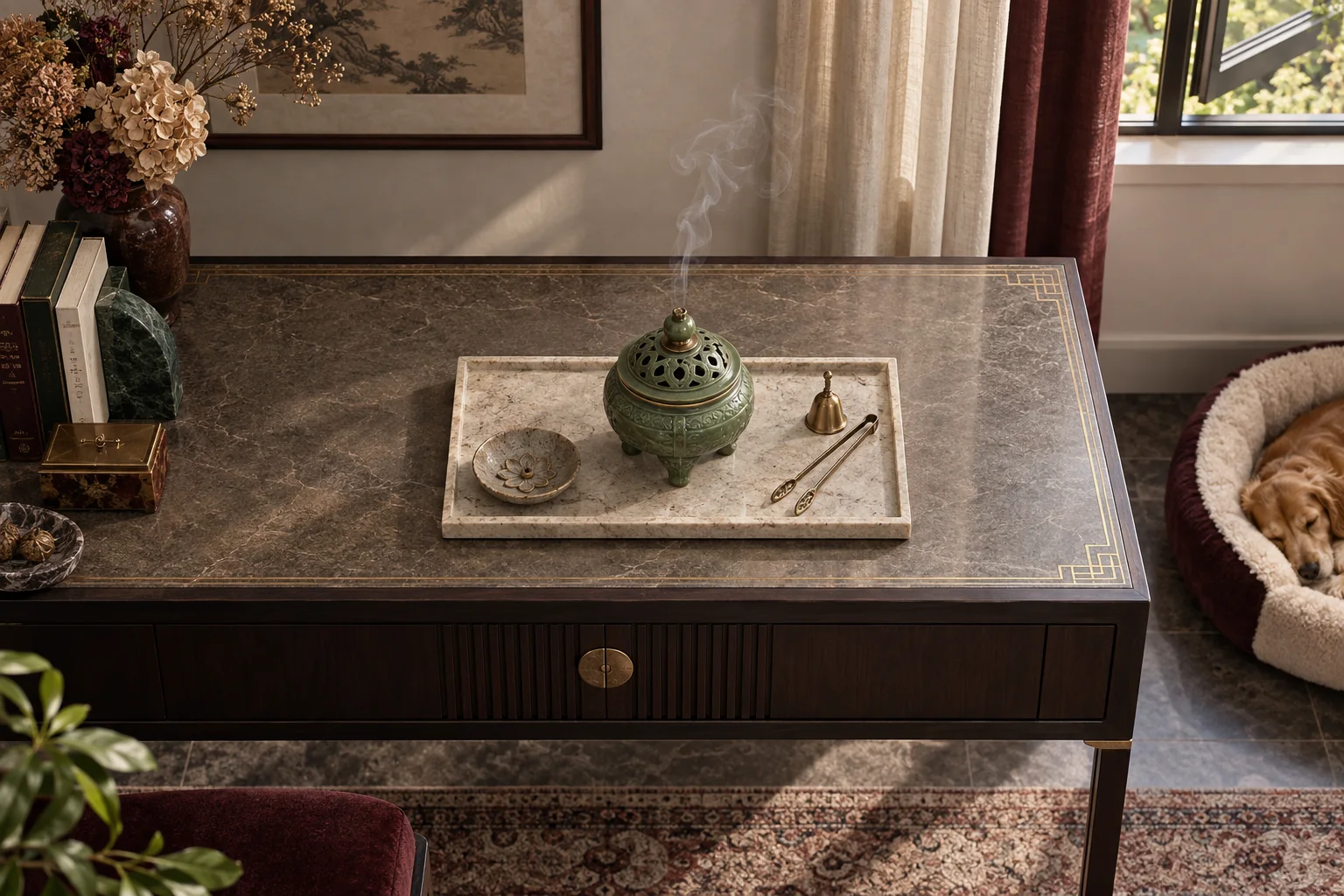Safe incense burner placement and ash clearance