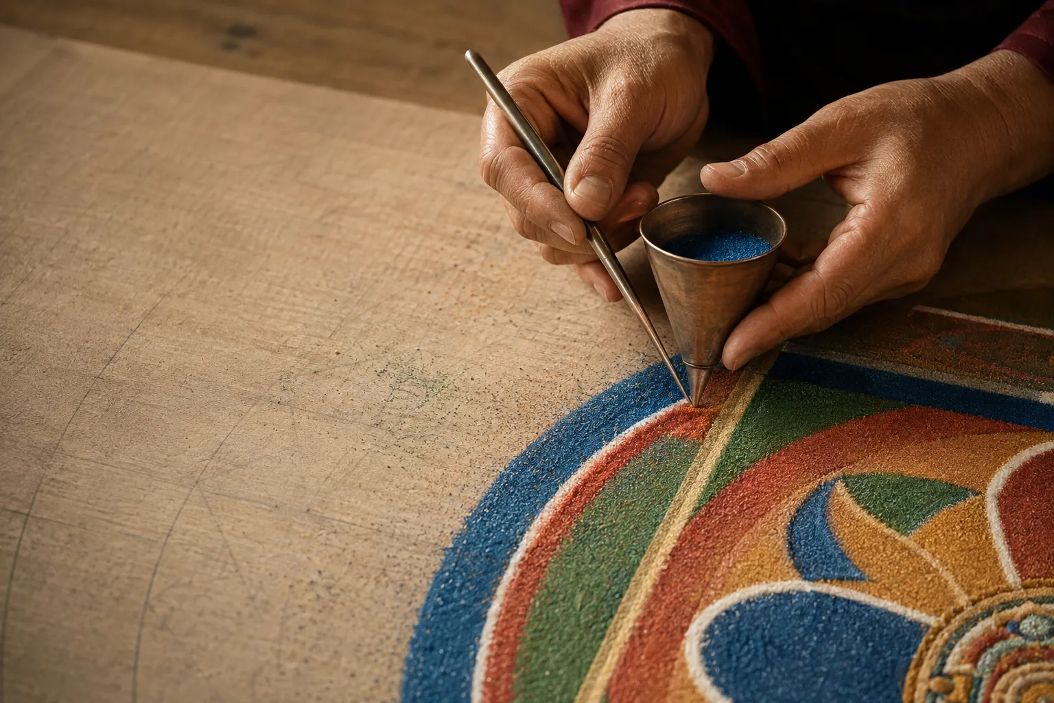 Editorial image of colored sand being placed in a geometric artwork