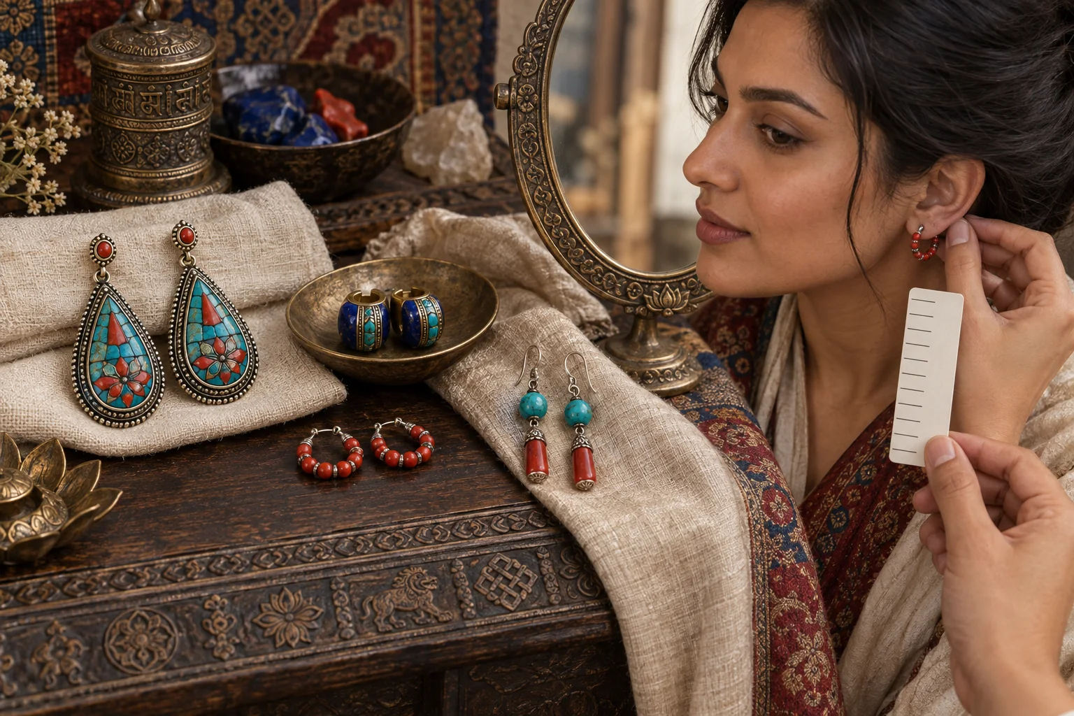 Tibetan-style earring silhouettes shown with different faces and styling