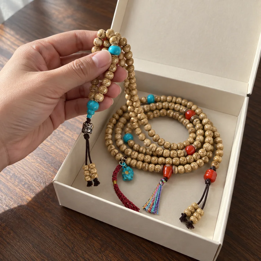 Styled customer scene featuring 108-Bead Bodhi Seed Prayer Mala