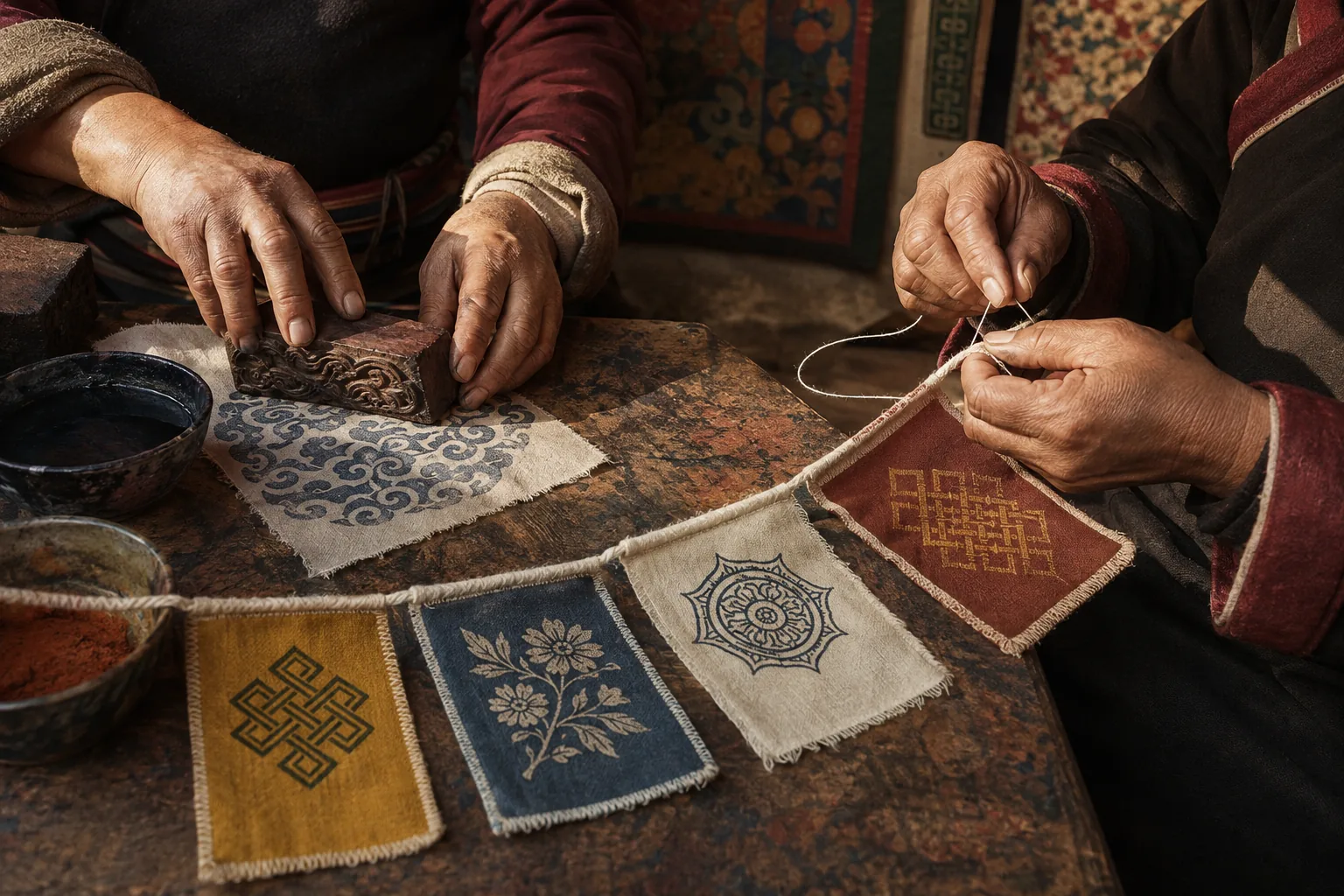 Hands printing and stitching decorative fabric panels