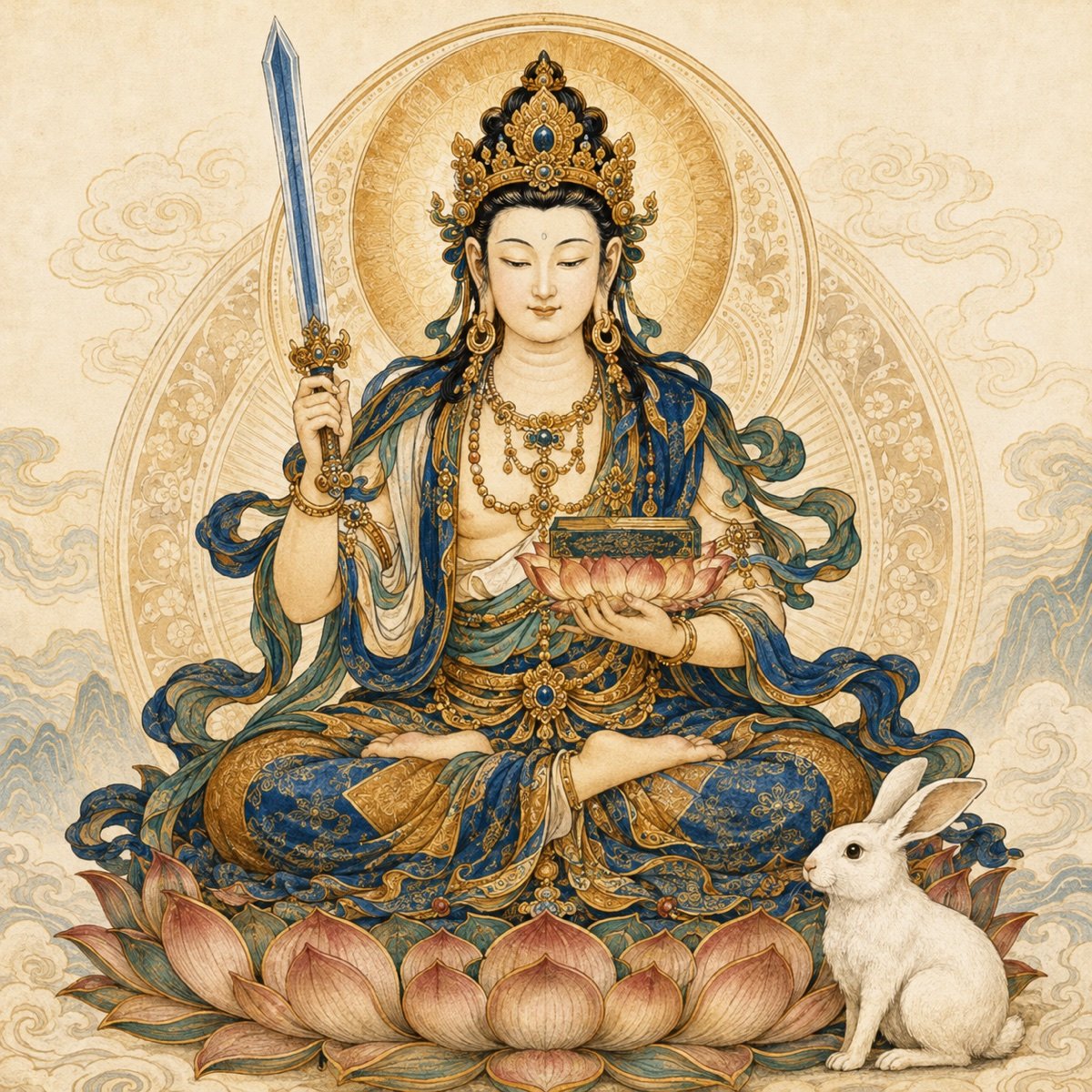 Original illustration of Manjushri with a white rabbit symbol