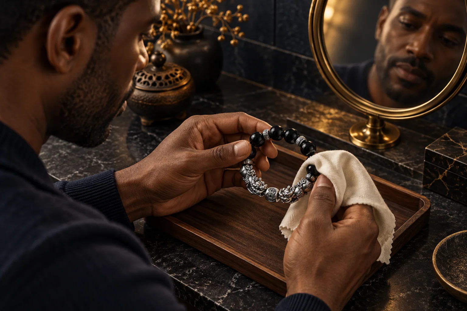 Man gently wiping a black obsidian Pixiu bracelet with a soft cloth over a wooden tray