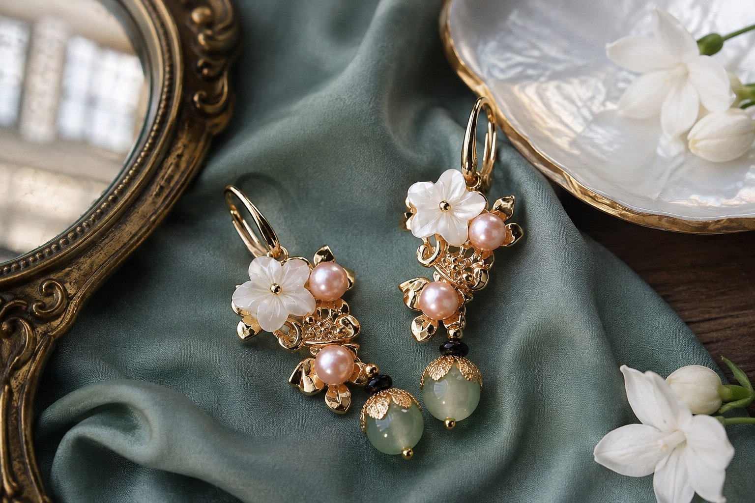Green jade and white shell pearl earrings for a soft green jewelry palette