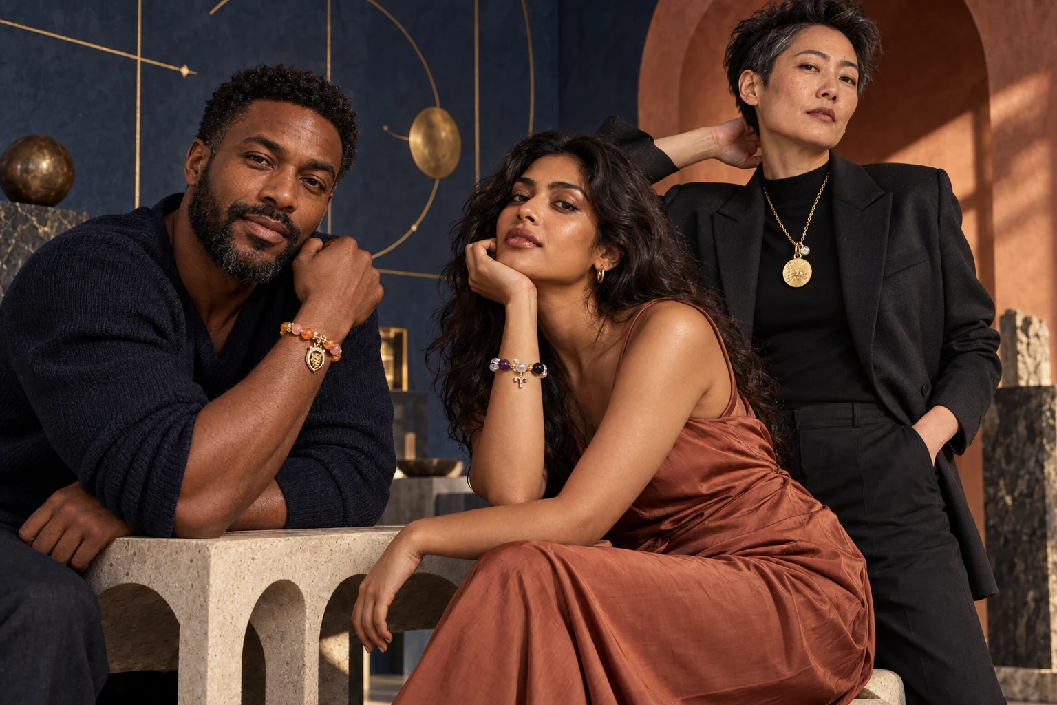 Three distinct models wearing zodiac bracelets and a constellation necklace in an editorial gallery