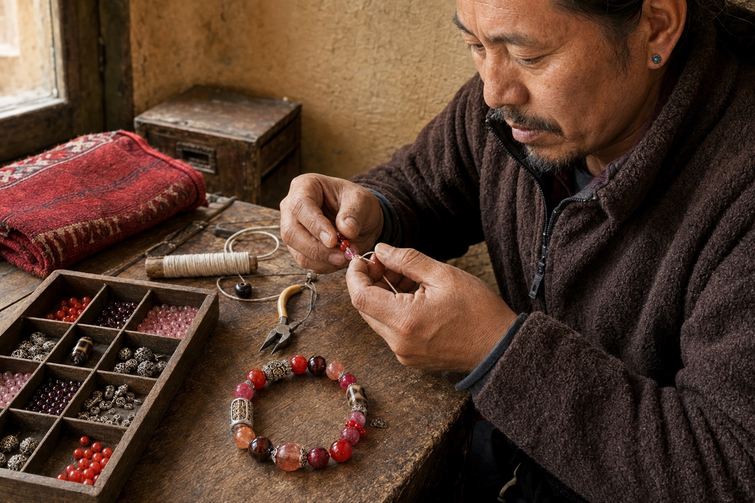 Tibetan artisan threading red gemstone beads and a silver Vajra focal piece at a worn wooden workbench