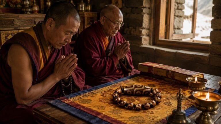 Illustrative Himalayan monastery setting with a contemporary Dzi bead bracelet, prayer books, and butter lamps