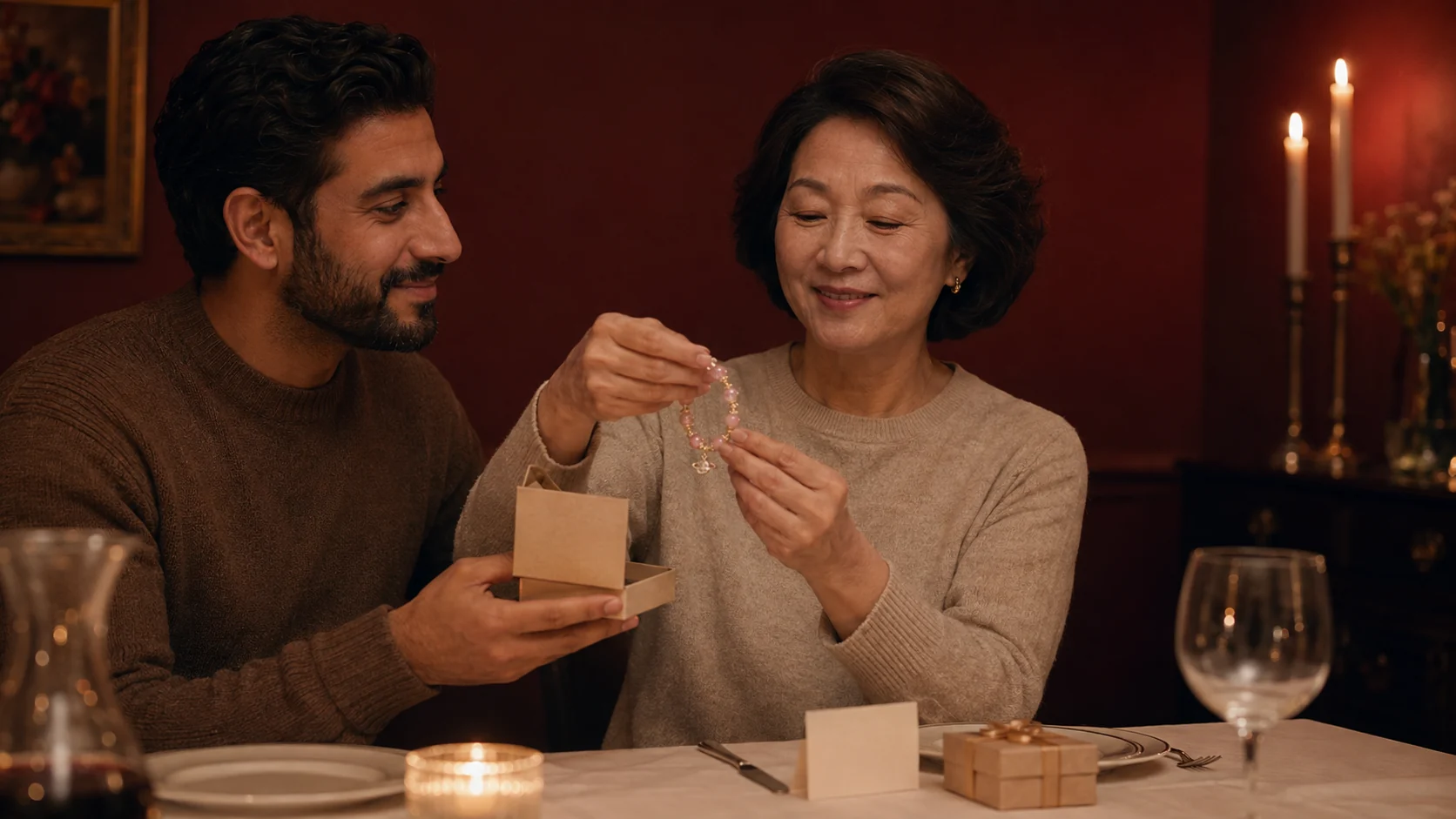 Man offering a pink crystal bracelet with a respectful gifting intention