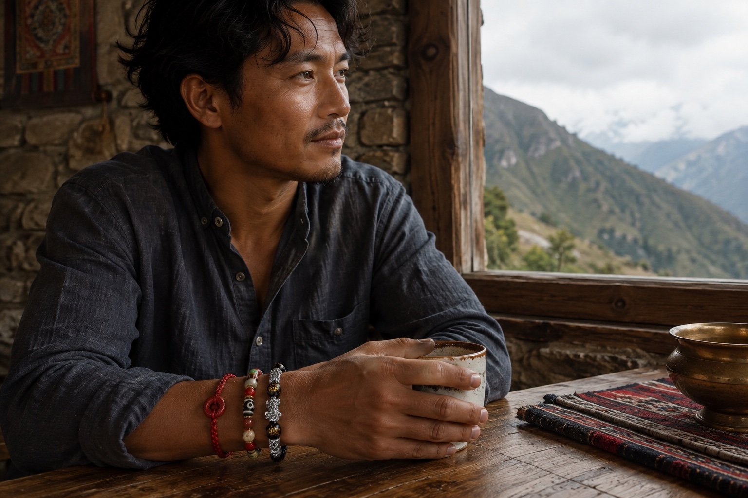 Man wearing red cord, earthy Dzi, and black obsidian bracelets in a mountain lodge