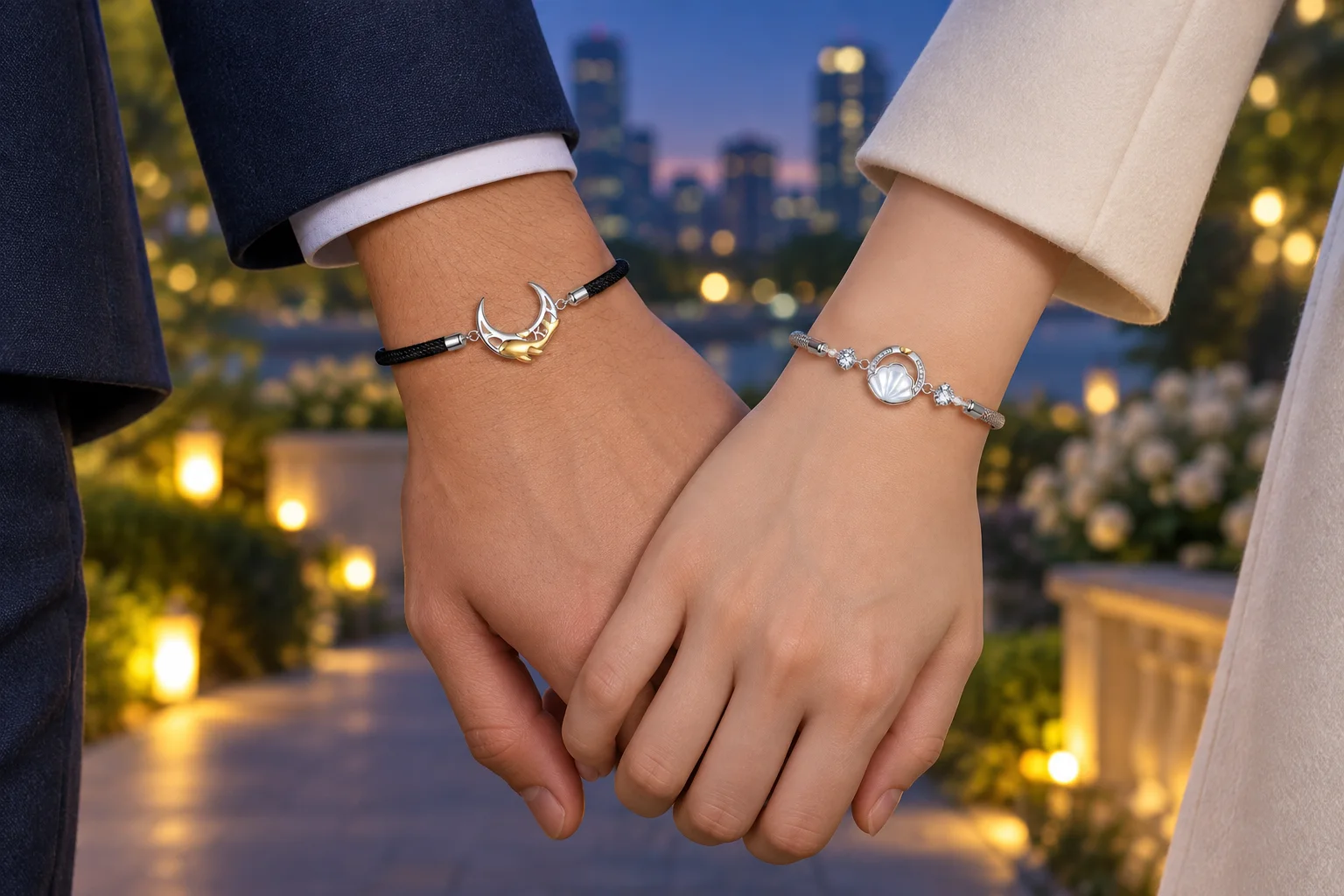 Partners wearing complementary moon and shell bracelets