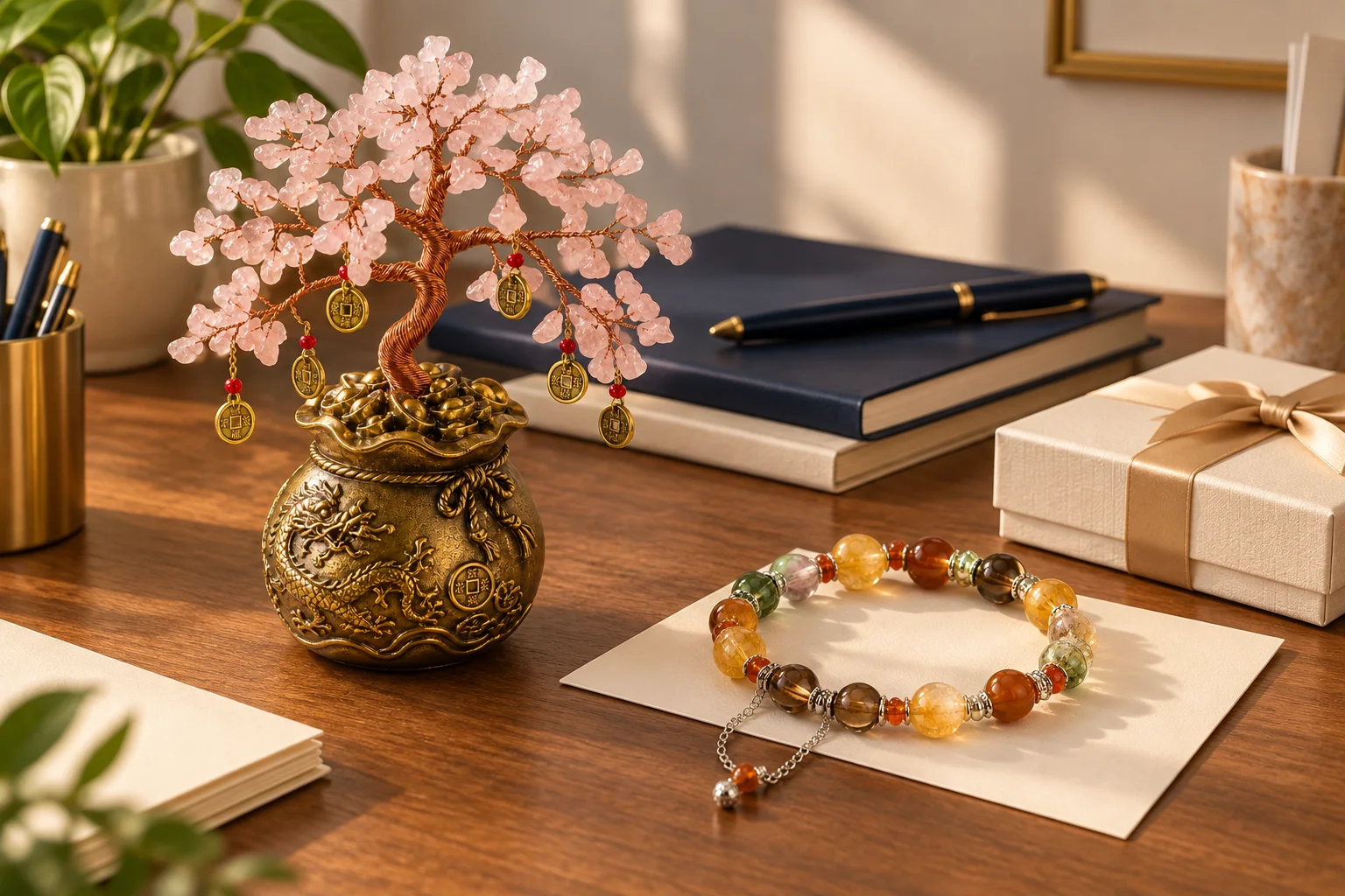 Crystal tree and opportunity bracelet on a new office desk