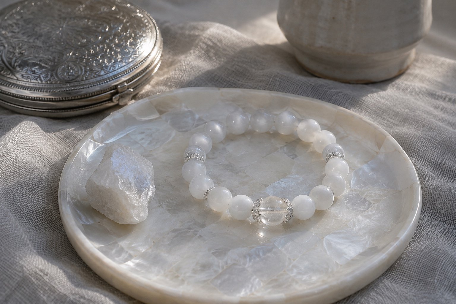 Pearl Moon White Moonstone and Clear Quartz Bracelet