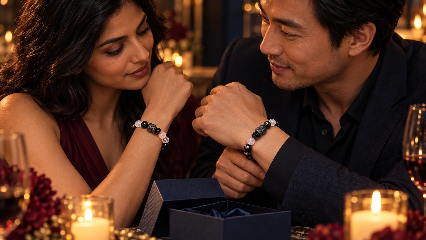 A couple comparing matching Pixiu crystal bracelets after exchanging a gift
