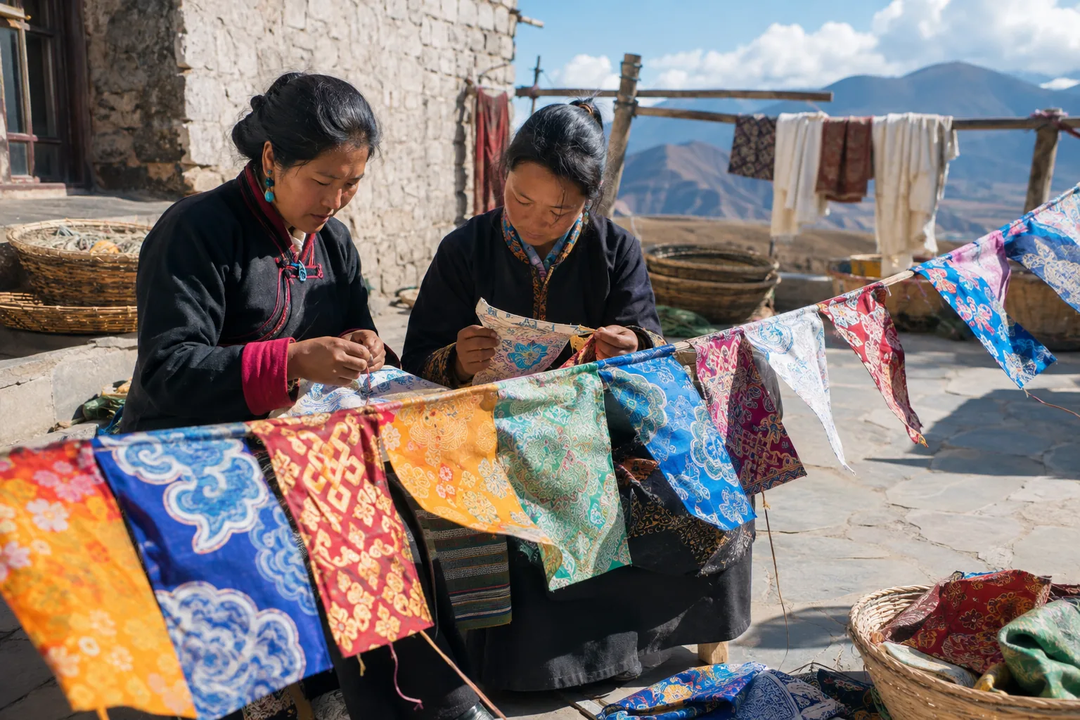 Two artisans working with fabric garland in a plateau courtyard