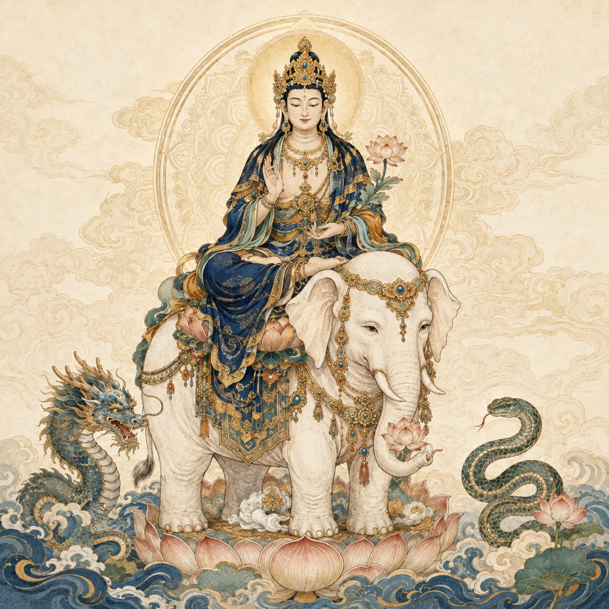 Original illustration of Samantabhadra on a white elephant with dragon and snake symbols