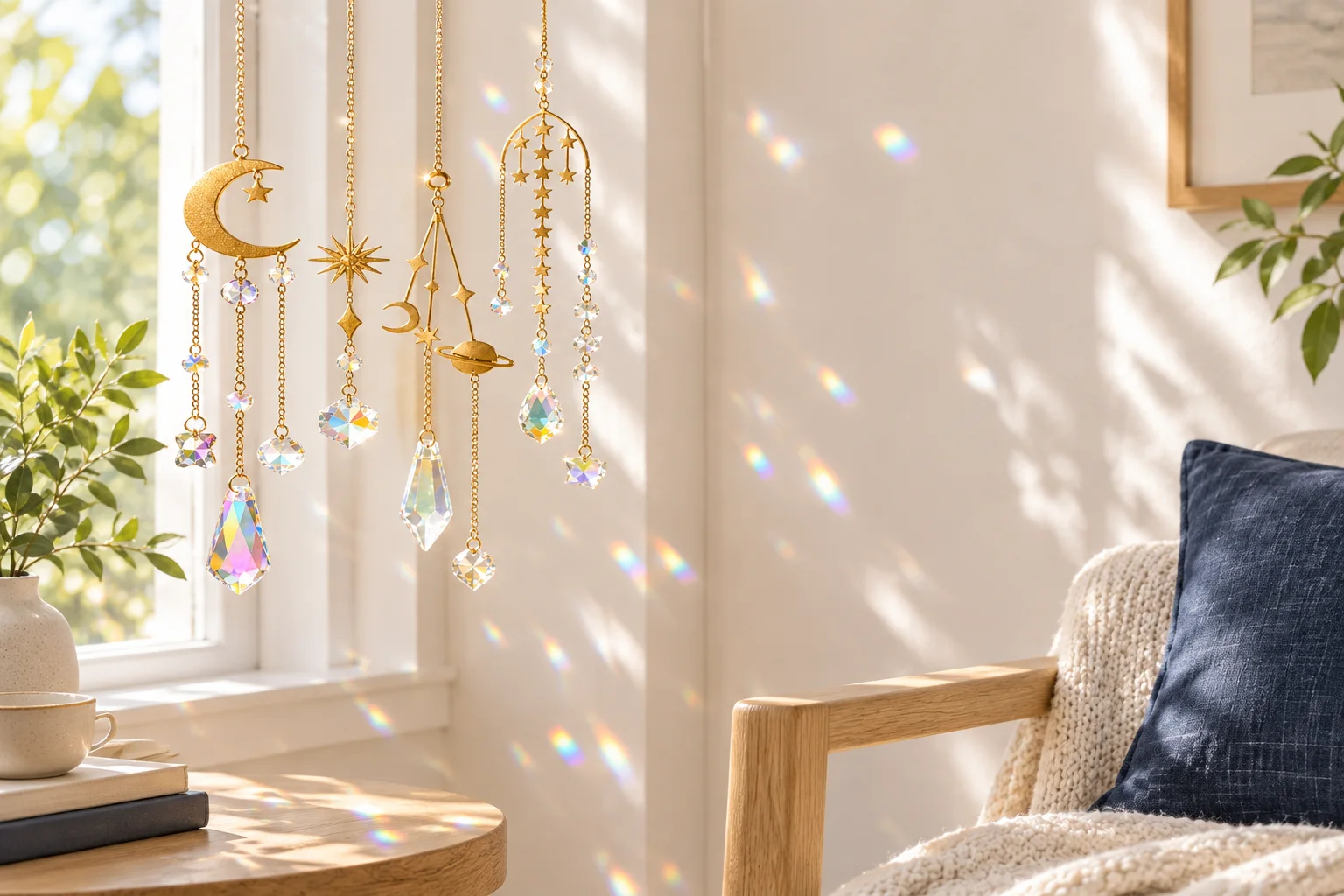 Celestial sun catchers bringing moving light to a reading nook