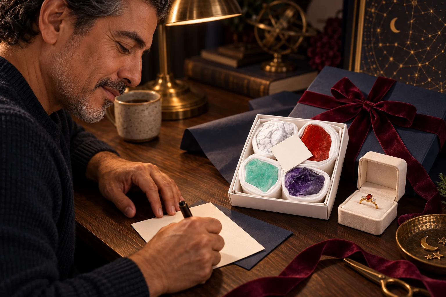 Man writing a gift note beside a zodiac crystal set and gold birthstone ring