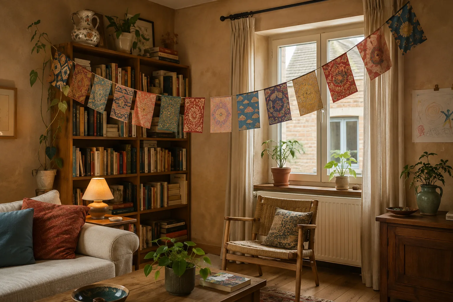 Contemporary patterned fabric garland styled in a European home