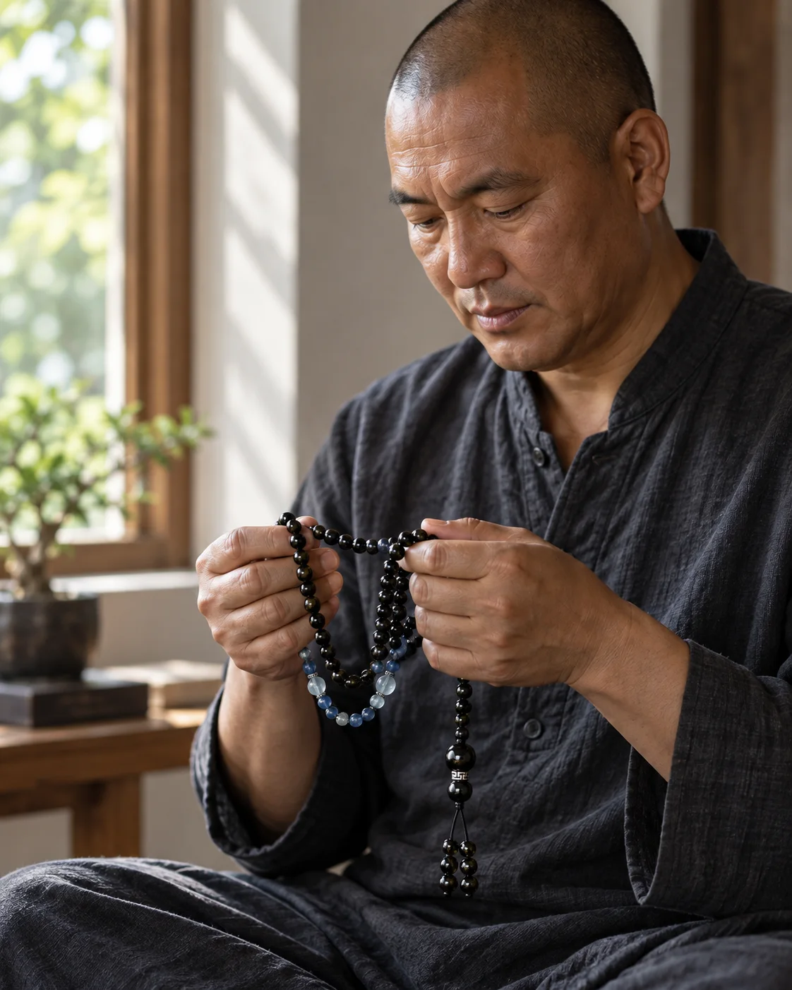 Man using a black obsidian mala in a quiet contemplative practice