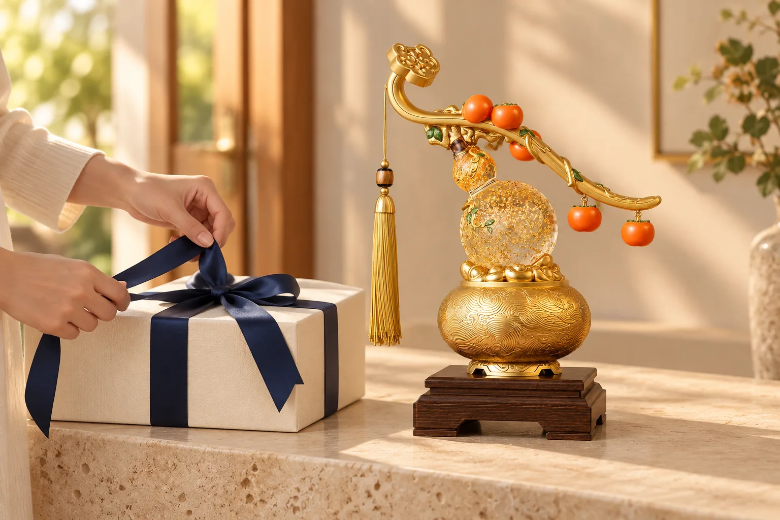 Prosperity display presented beside a wrapped housewarming gift