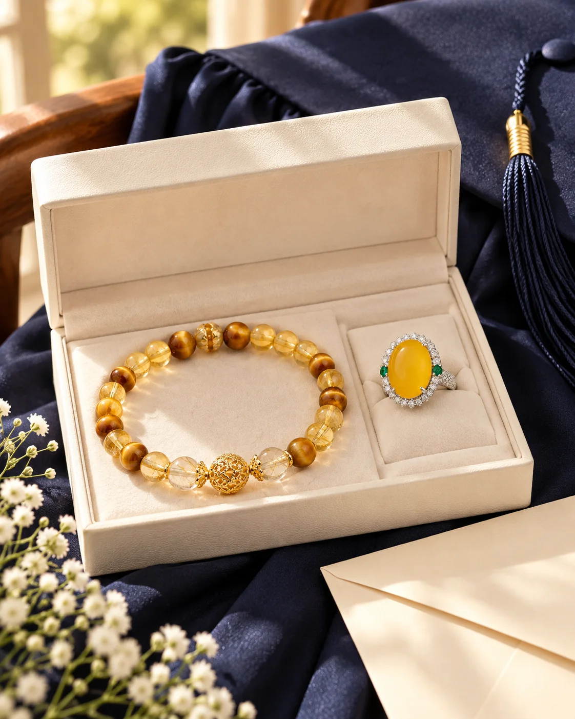 Tiger eye bracelet and yellow jade ring in a graduation gift box
