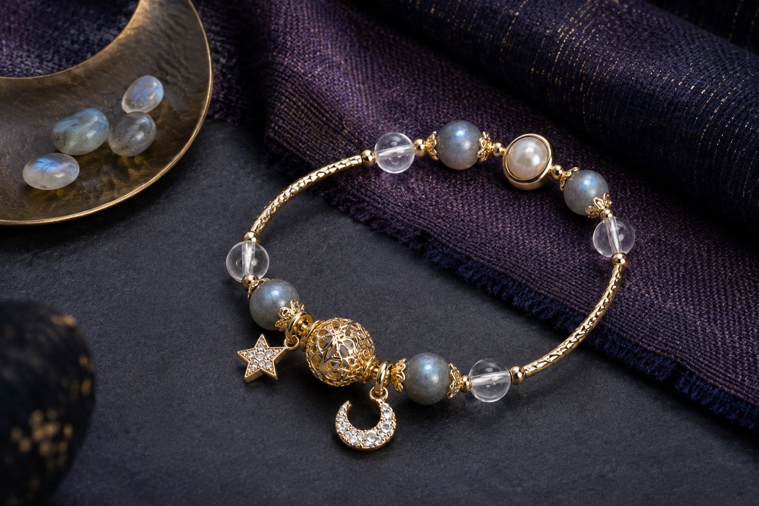 Clear quartz and gray moonstone celestial bracelet on midnight-indigo textile beside an antique brass crescent dish