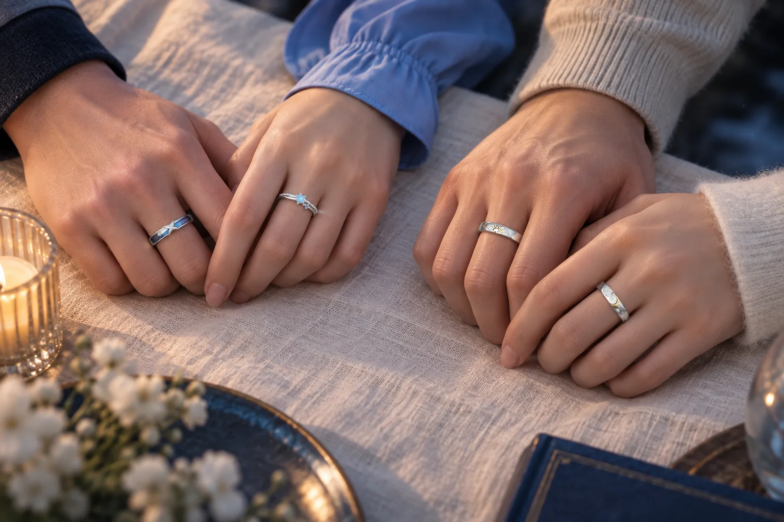 Four promise ring styles compared in warm candlelight