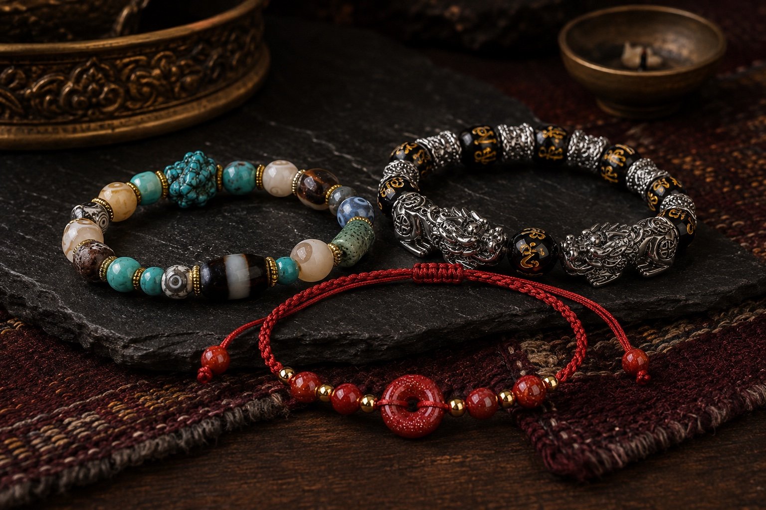 Red cord, contemporary Dzi, and black obsidian bracelets arranged as a three-piece protection stack