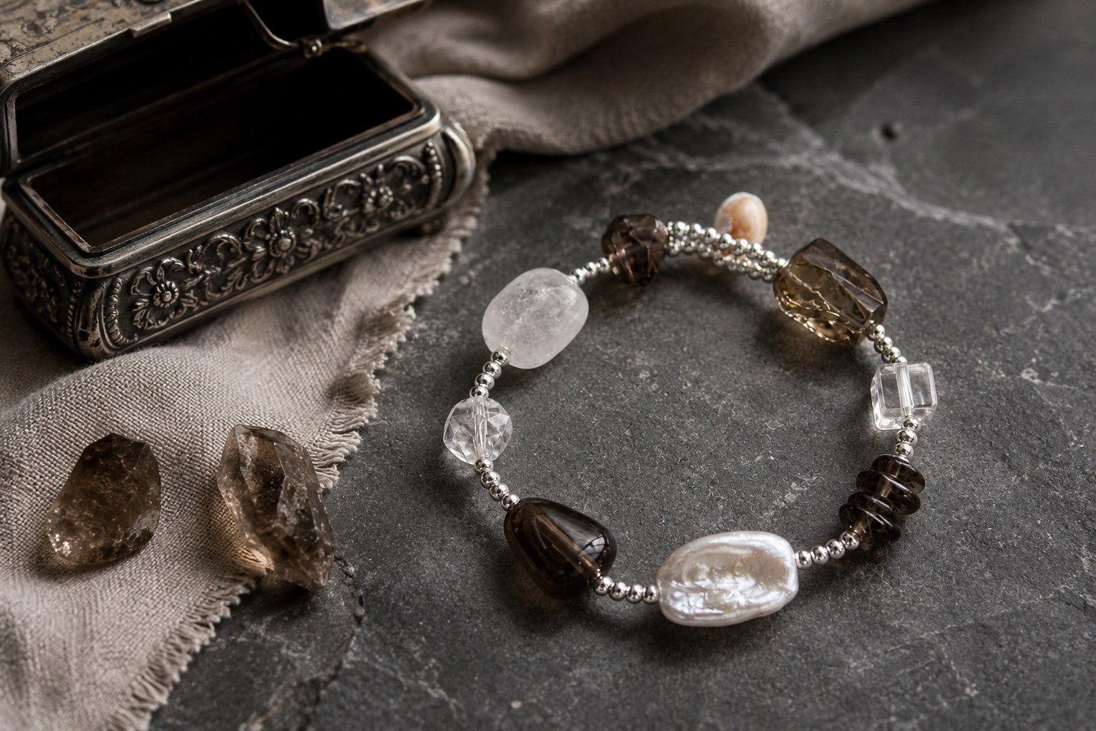 Smoky quartz and pearl bracelet for a charcoal pearl and silver jewelry palette