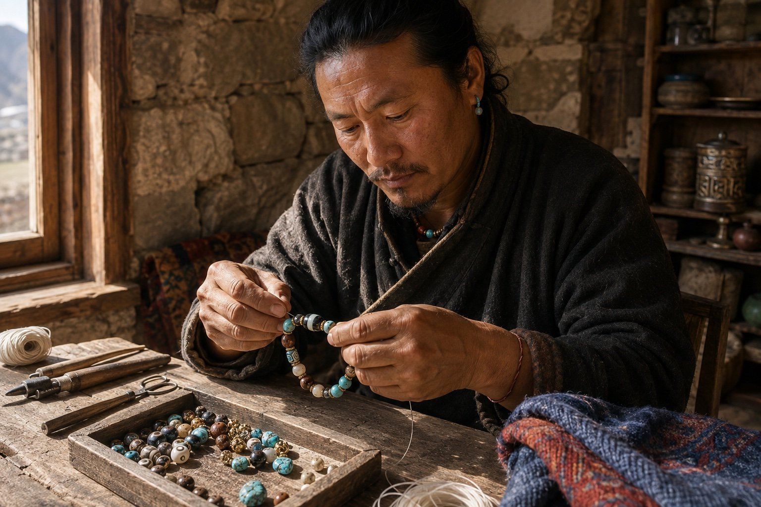 Illustrative Tibetan Himalayan artisan workshop scene showing a contemporary Dzi bracelet being assembled by hand