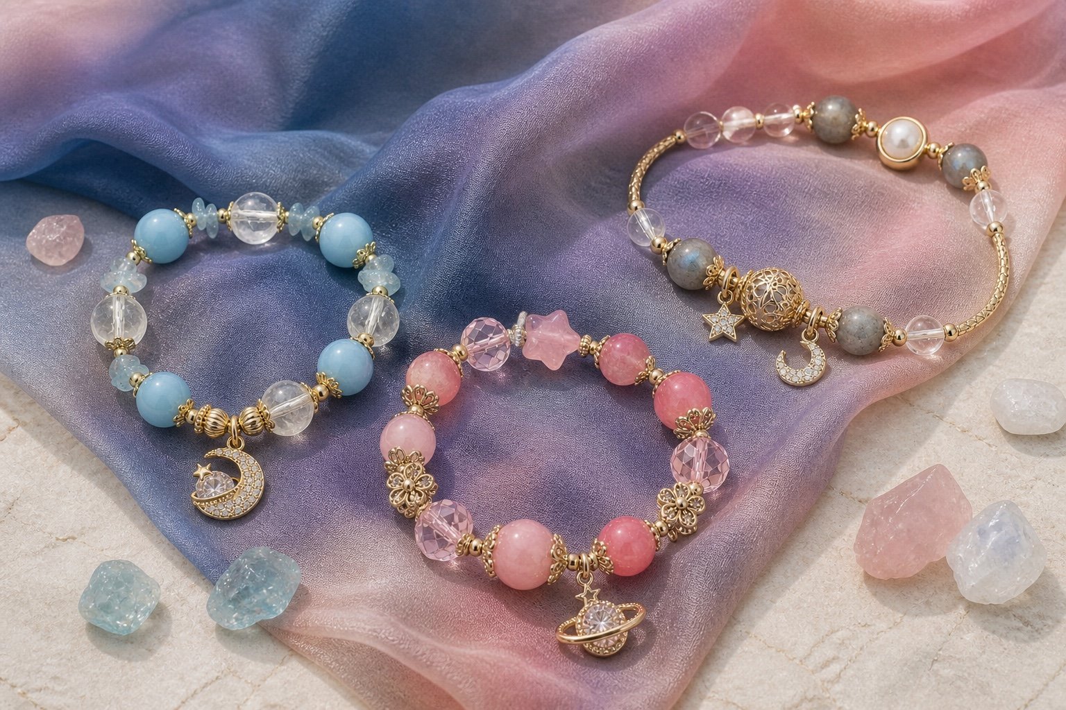 Aquamarine moon, pink planet, and clear quartz celestial bracelets arranged separately on indigo and dusty rose silk