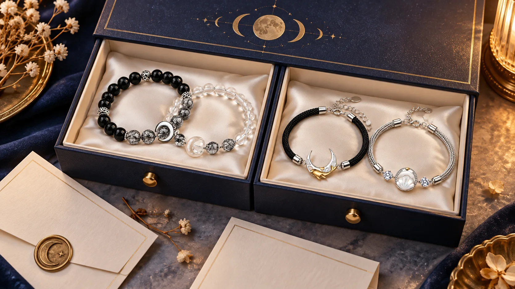 Couple bracelets arranged in a moon phase keepsake box