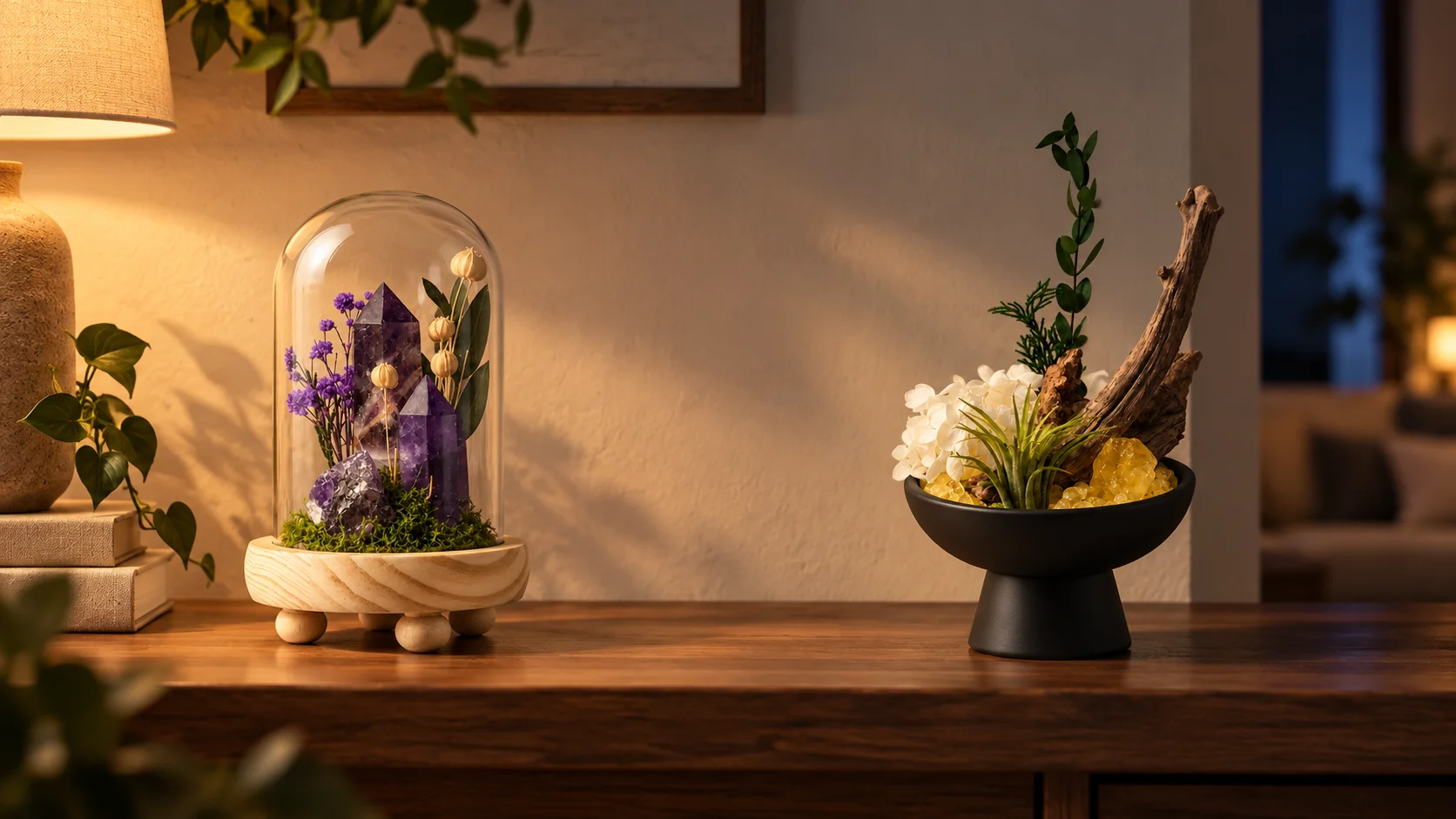 Crystal garden displays styled on a walnut console at evening