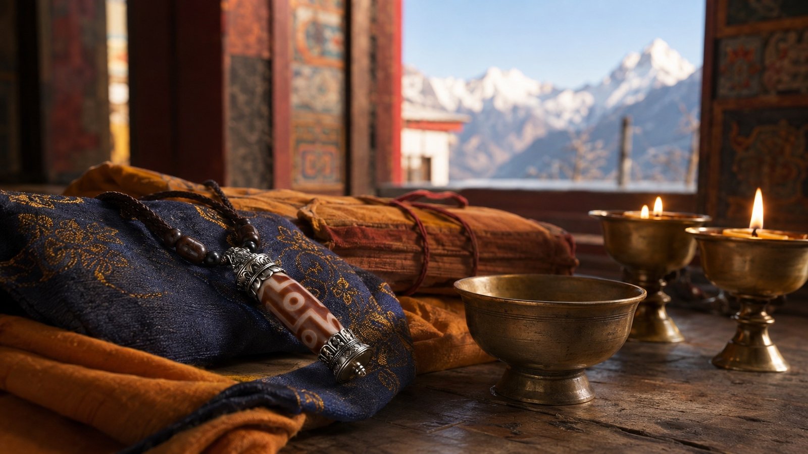 Illustrative contemporary Dzi pendant arranged on brocade beside offering bowls in a Himalayan temple setting