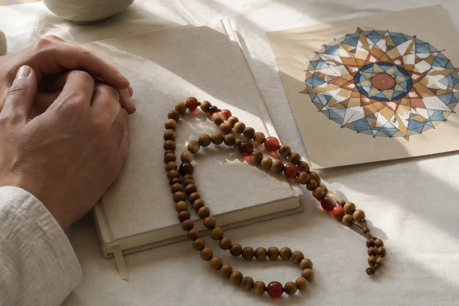 Meditation beads beside modern radial artwork