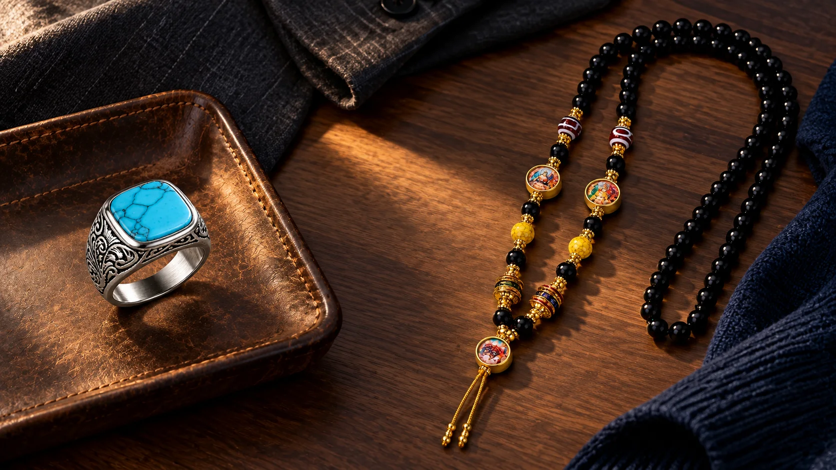 Turquoise ring and dark beaded jewelry styled with a menswear wardrobe