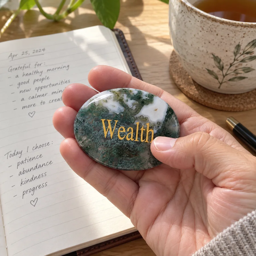 Styled customer scene featuring Moss Agate Wealth Intention Palm Stone