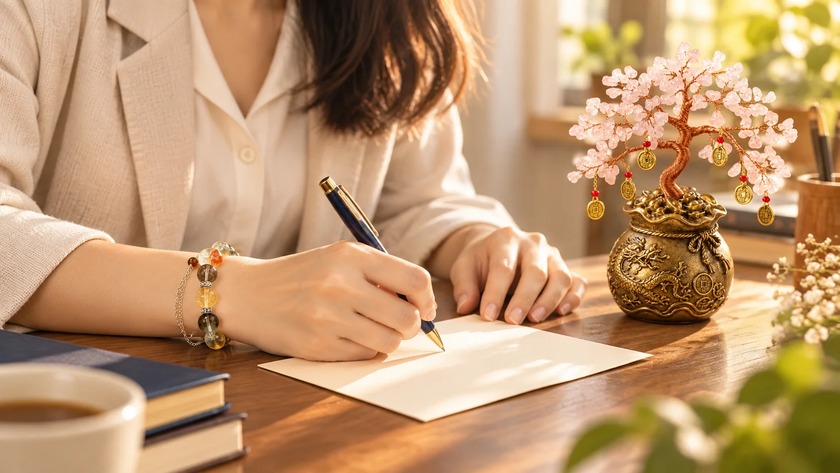 Graduate writing a next chapter note beside a crystal tree