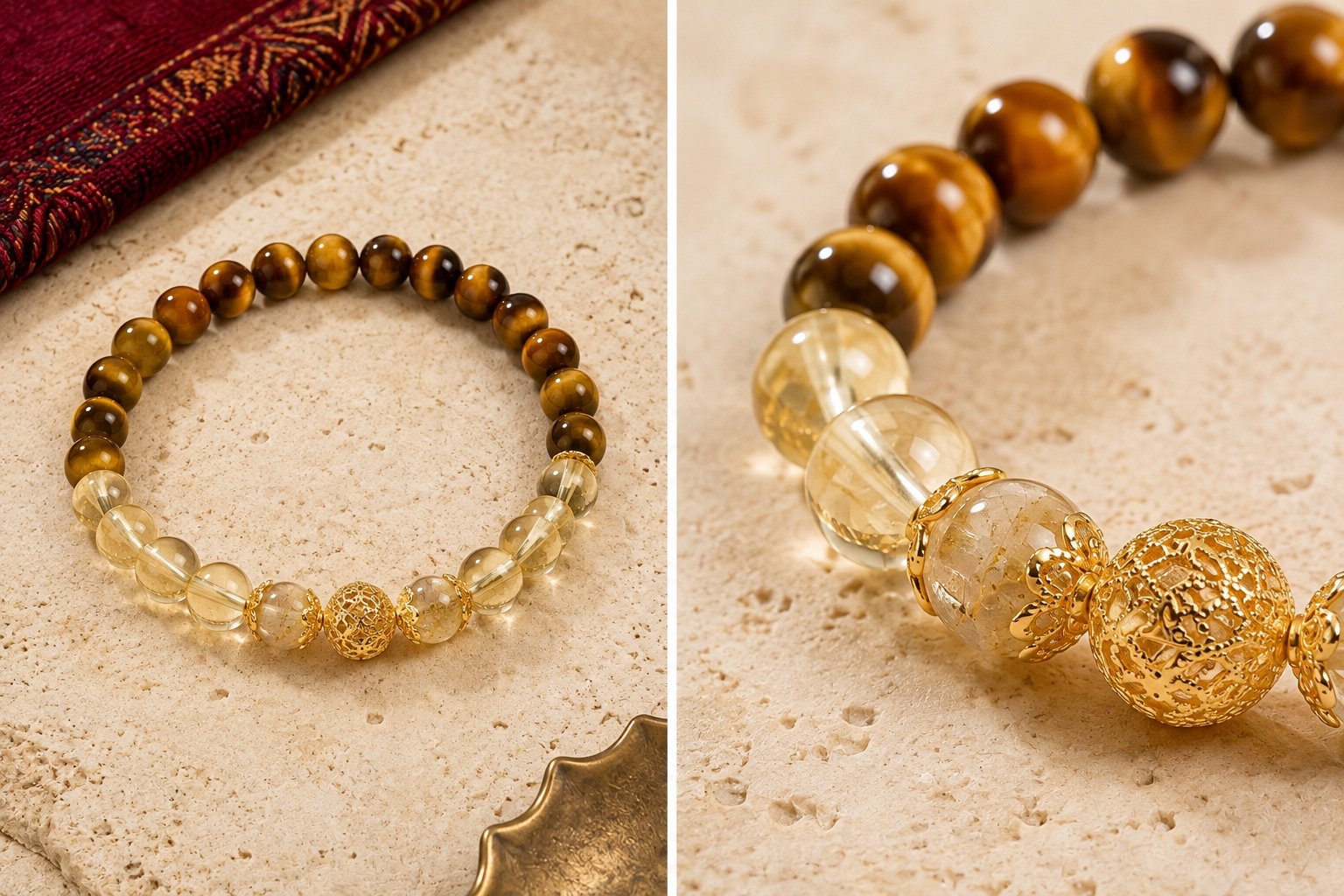 Tiger-eye and citrine bracelet with an ornate gold focal bead shown in two views