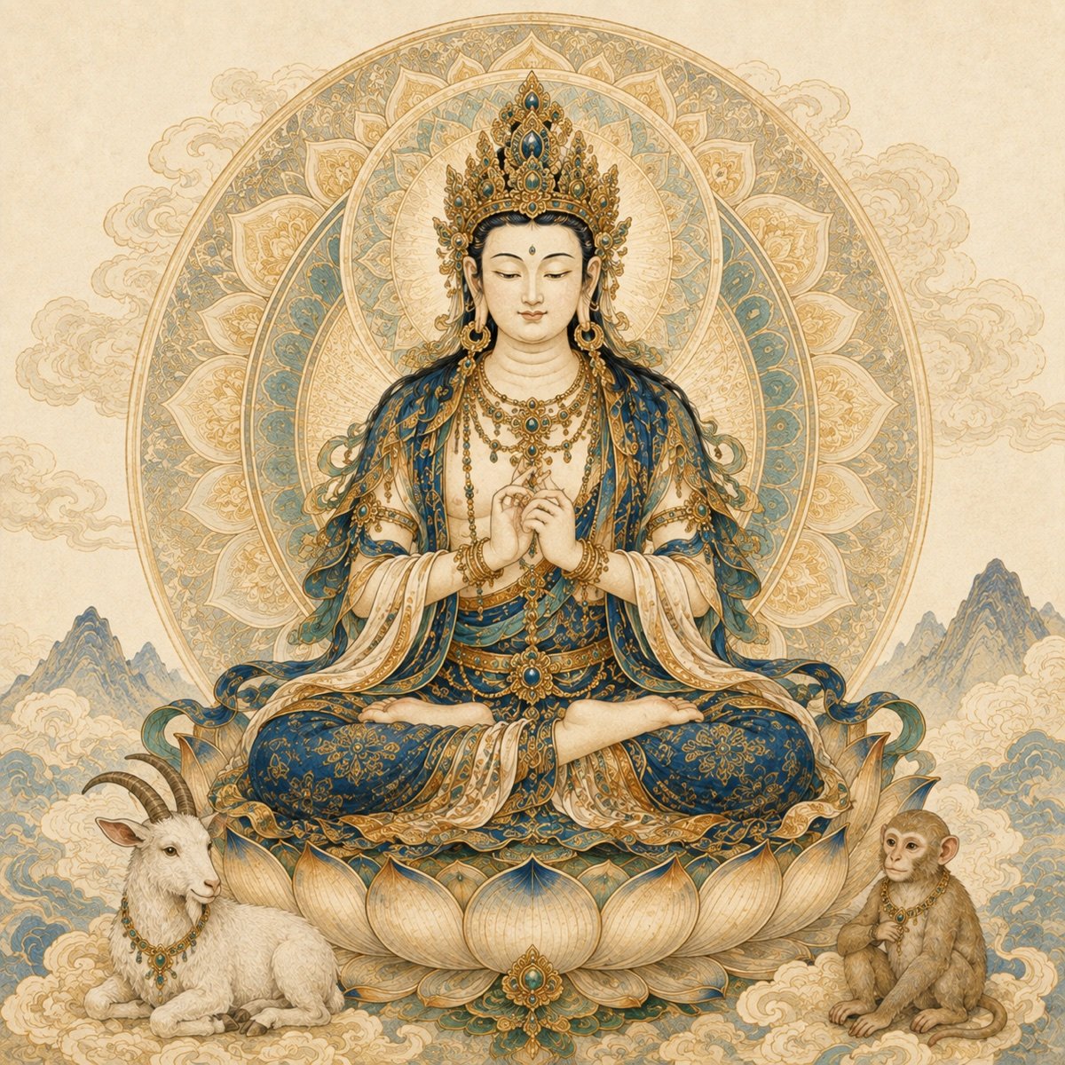 Original illustration of Vairocana with goat and monkey symbols