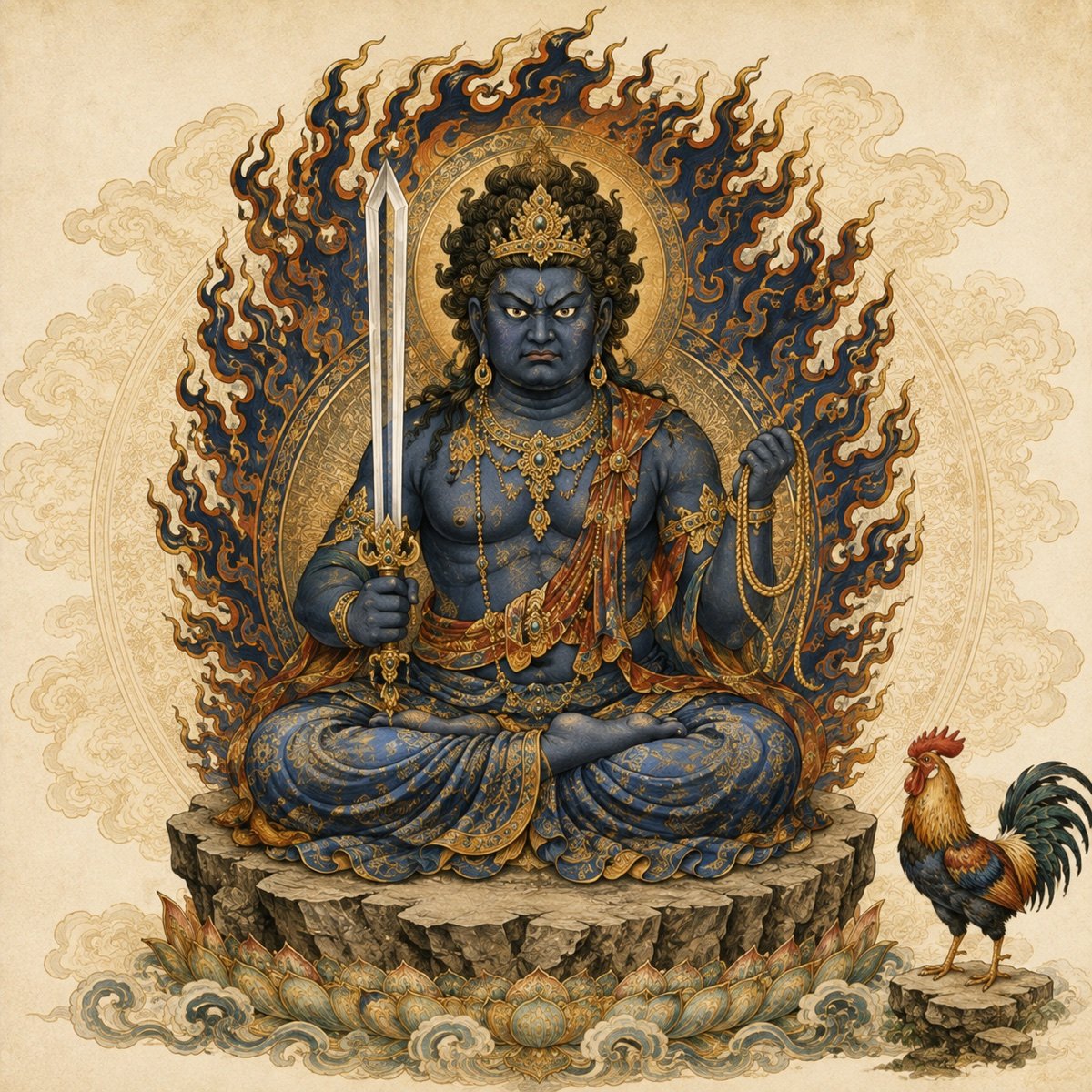 Original illustration of Acala with a rooster symbol
