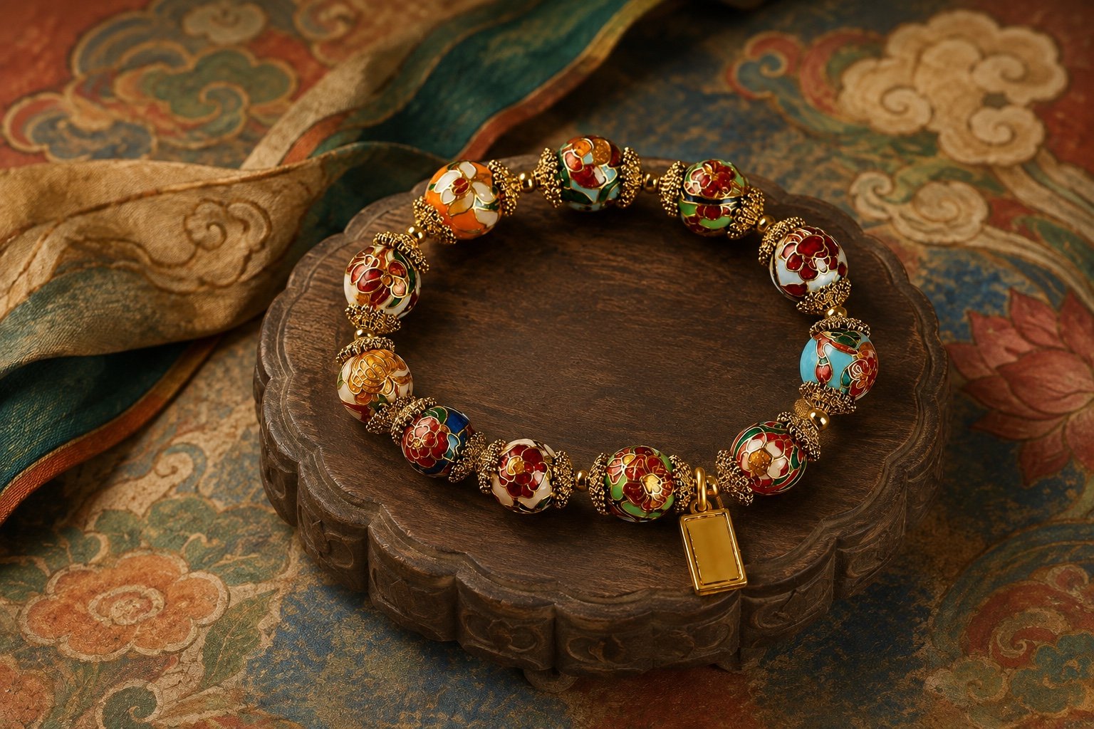 Eastern Zodiac birth-flower guardian bracelet displayed alone in a Dunhuang-inspired lotus and cloud setting