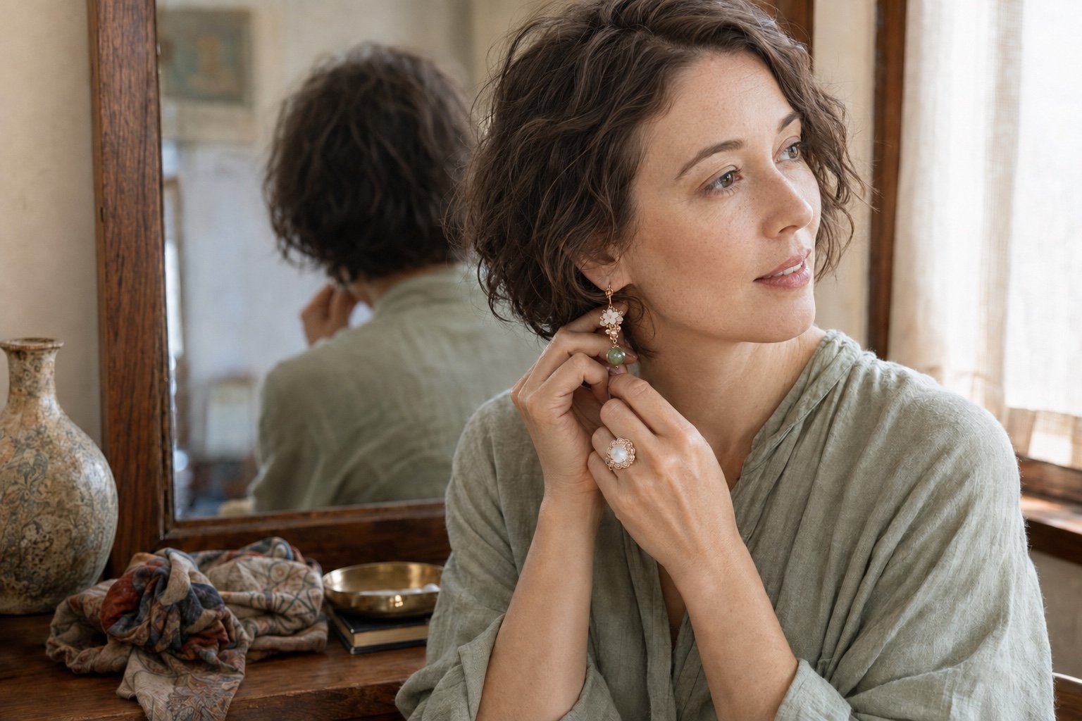 White woman adjusting green jade and white shell earrings while wearing a white jade blossom ring