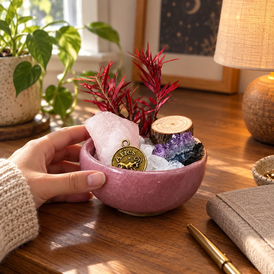 Styled customer scene featuring Zodiac Crystal Sanctuary Desk Decor
