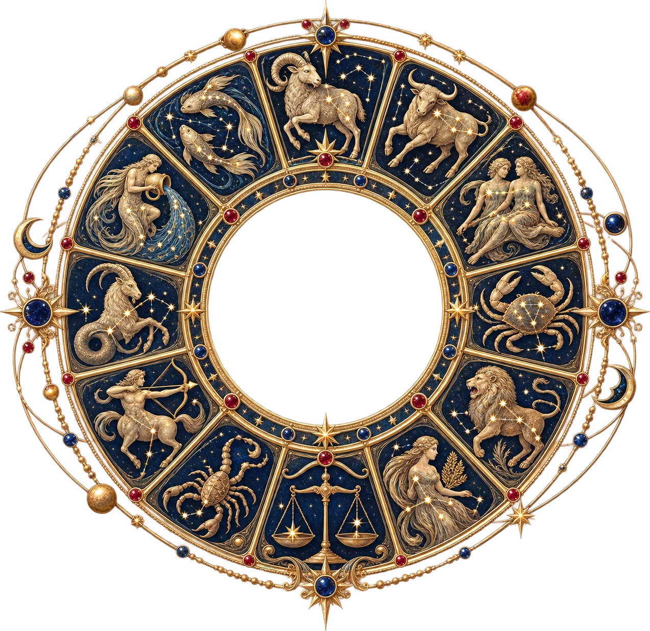 Transparent engraved zodiac wheel with twelve constellation archetypes