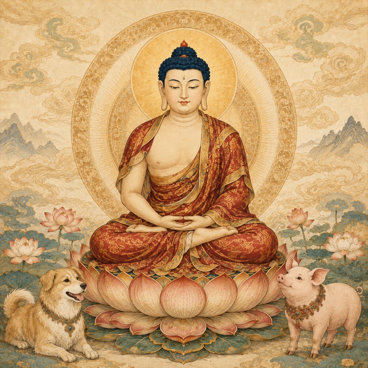 Original illustration of Amitabha with dog and pig symbols