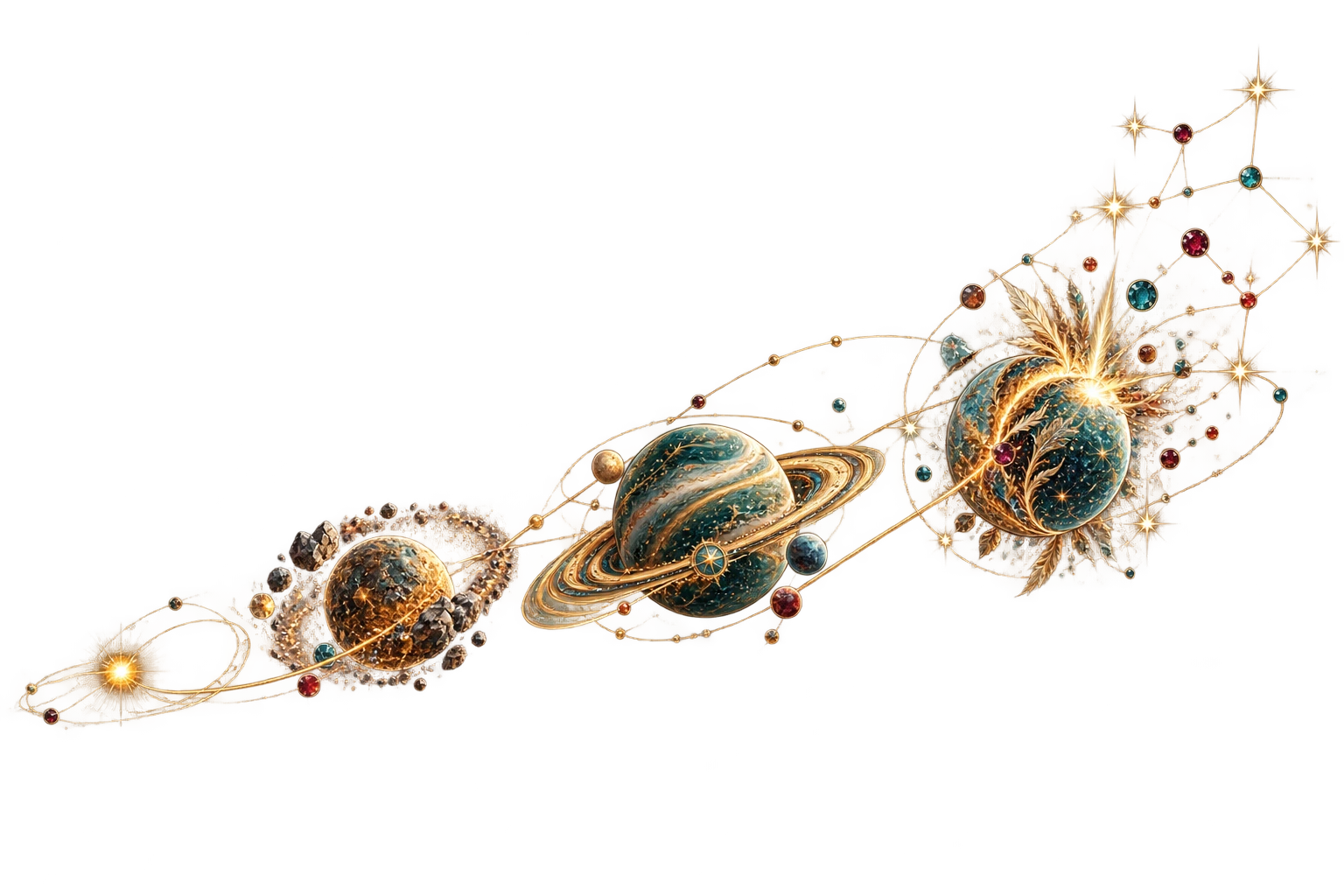 Transparent four-stage illustration of a planet evolving from a seed star into a radiant world