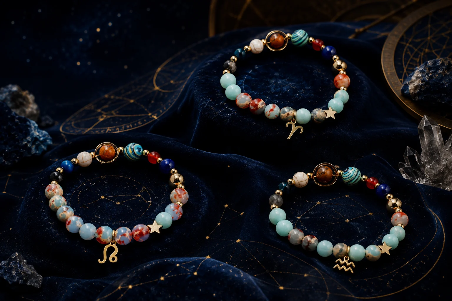 Aries Leo and Aquarius Celestial Light Planetary Bead Bracelets on midnight constellation velvet