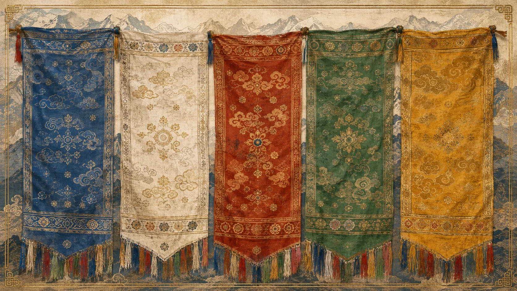 Original five-color textile plate in blue, white, red, green and yellow with woven decorative patterns